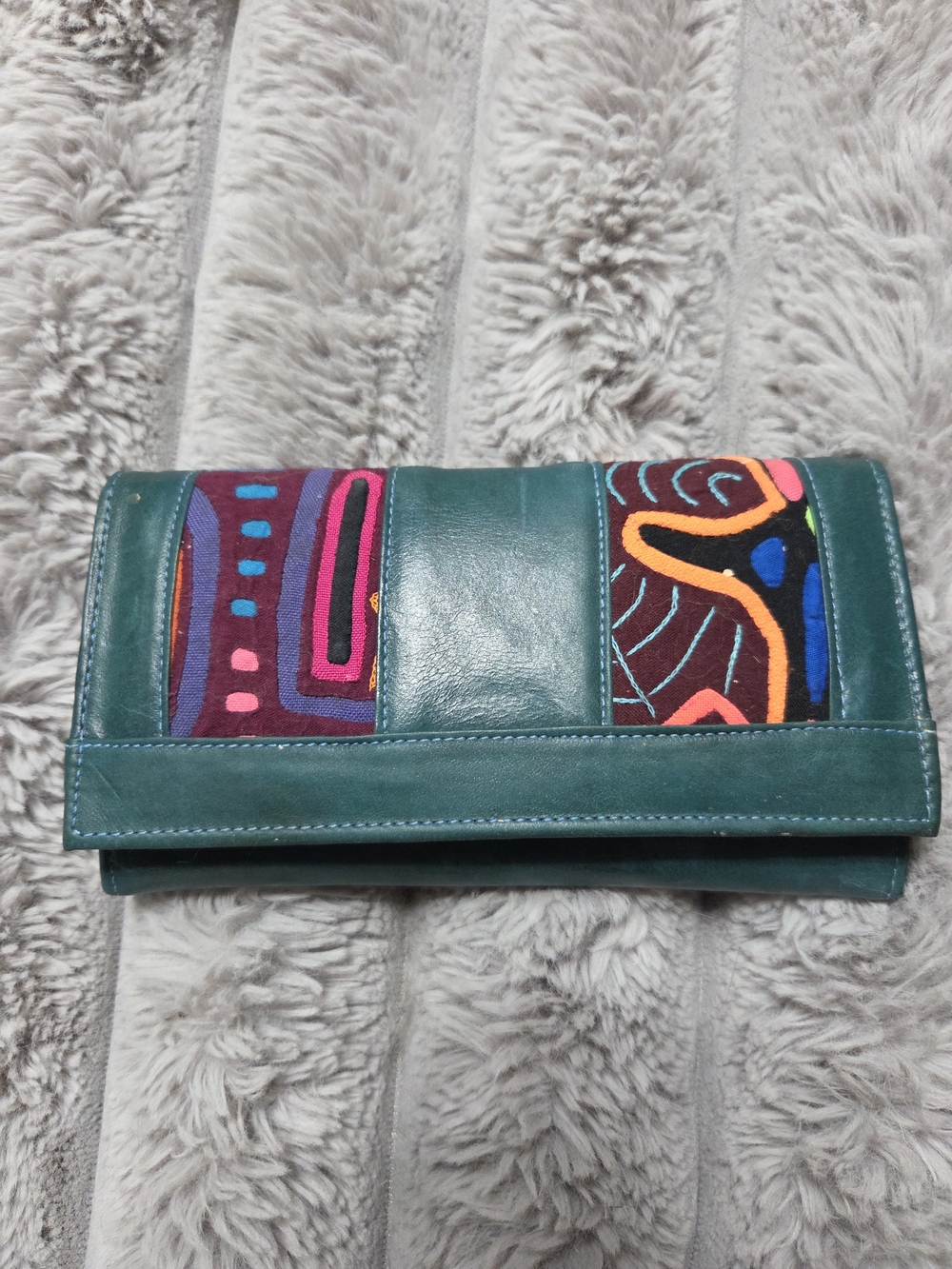Brand New Teal Leather Women's Clutch Wallet with Multicolor Pattern